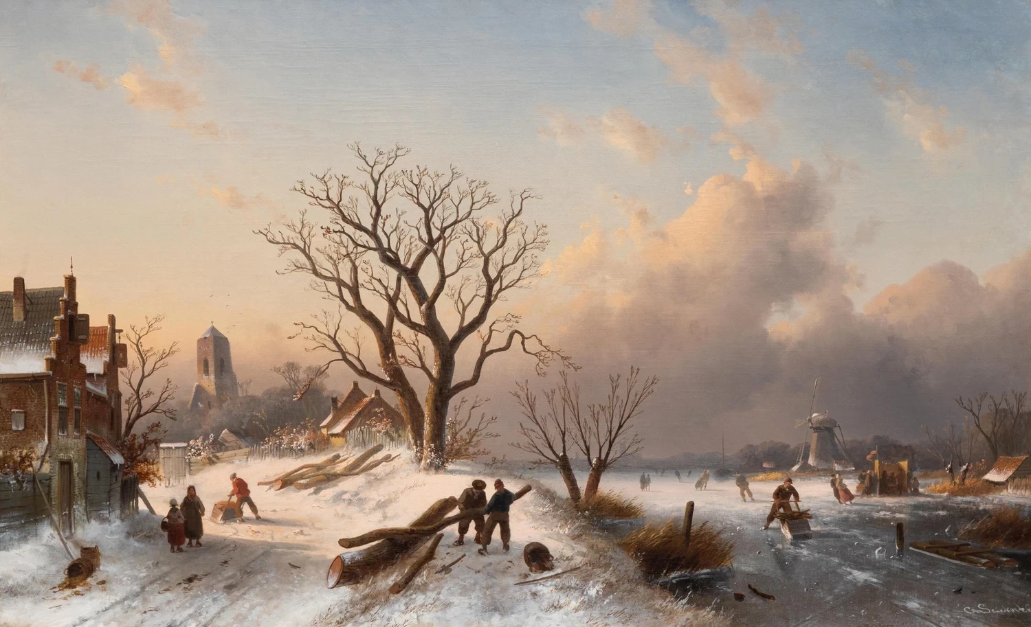 Charles Leickert - Attività invernali lungo il canale ghiacciato al tramonto